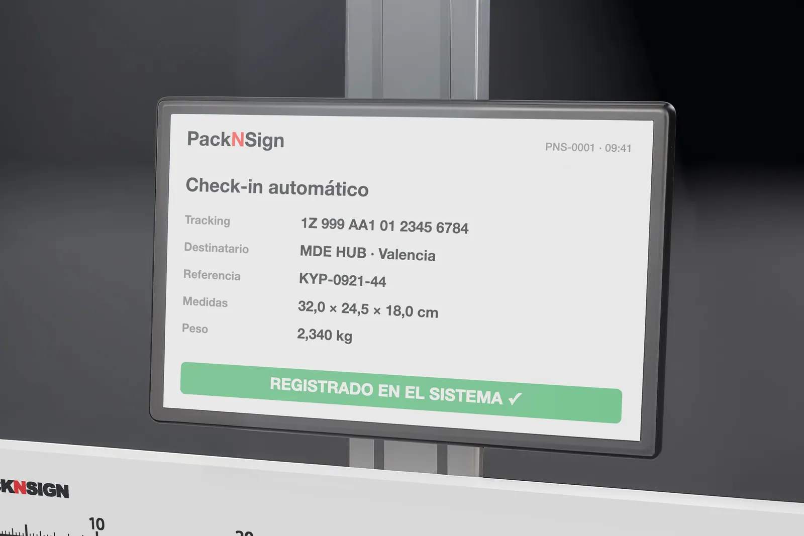 Pantalla de check-in automático con los datos del paquete.