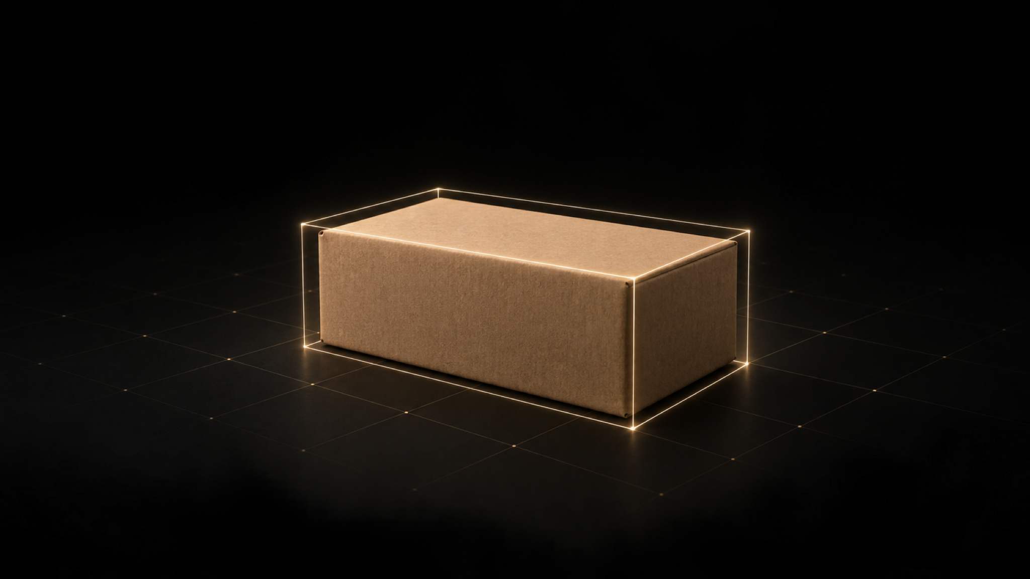 Un paquete rodeado por una caja de luz que marca sus medidas exactas.